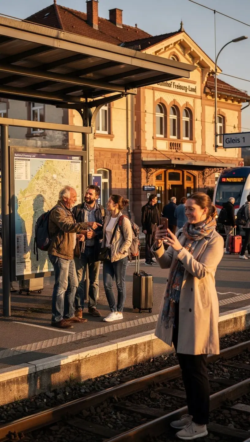 Beratungsgespräch zwischen einem Reisenden und einem Experten in einem modernen Reisebüro für Zugreisen in Deutschland.